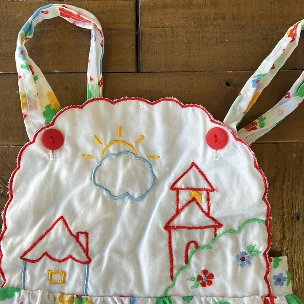 Vintage 90’s colorful schoolhouse embroidered sunsuit bubble romper shortalls